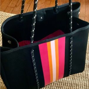 New Neoprene Black with Red and Orange Striped Front Large Tote bag